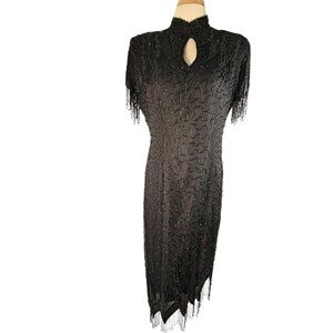 Jet Black Silk Beaded Fringe Evening Sheath Dress Sz M Asymmetrical Thigh Slit
